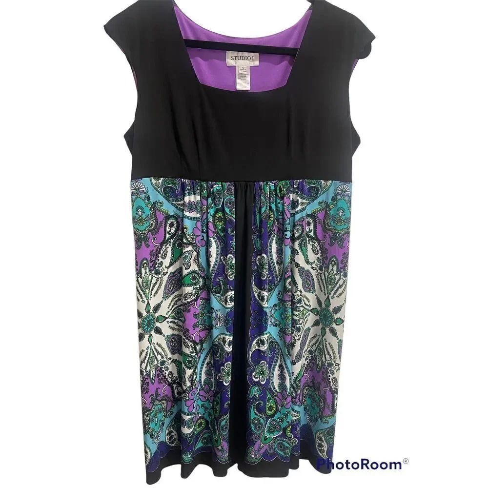 Studio I black and purple paisley jersey dress size 12